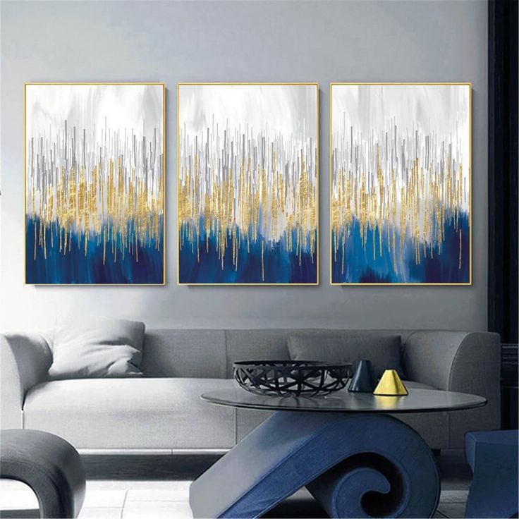Luxury Abstract Gold & Blue Triptych Wall Art set of 3