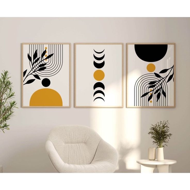 Black Mustard Yellow Geometric Botanical Wall Art Set of 3