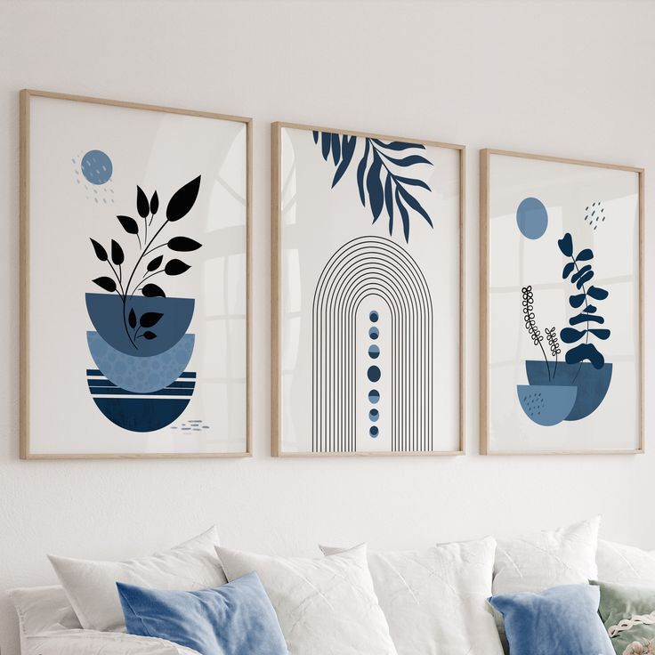 Blue Botanical Potted Plant Wall Art Set of 3