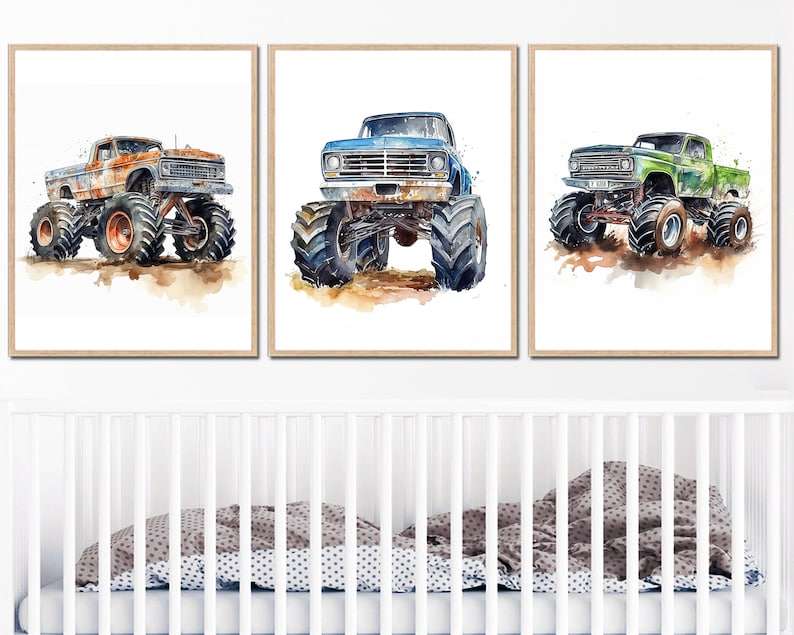 Set of 3 Rustic Car Prints for Kids' Room & Nursery Decor